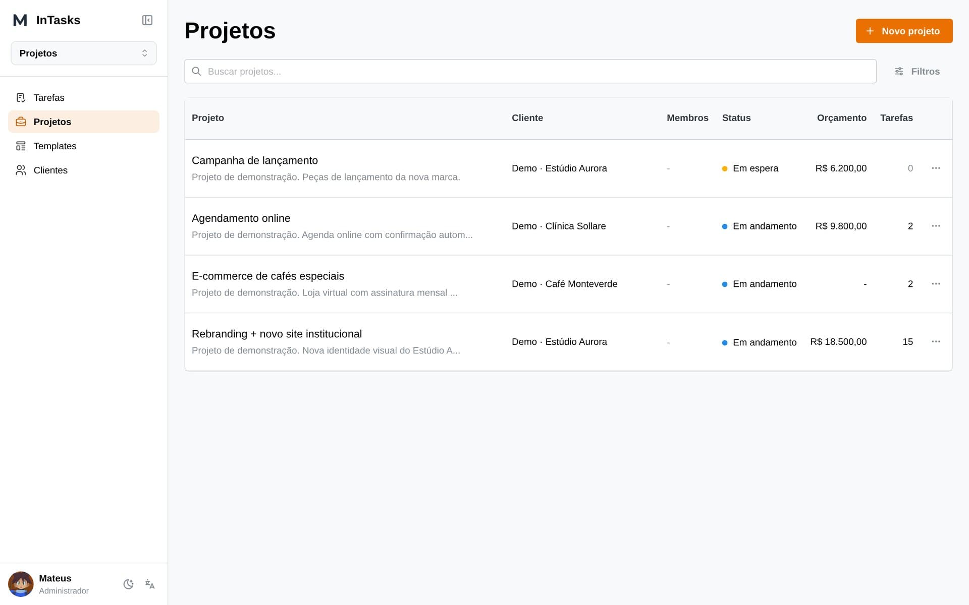 InTasks — projects list